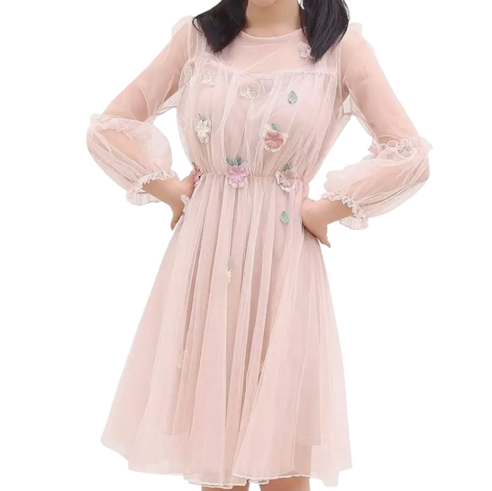 Sheer Mesh Tule Dress Pink Floral Butterfly Applique Women XS